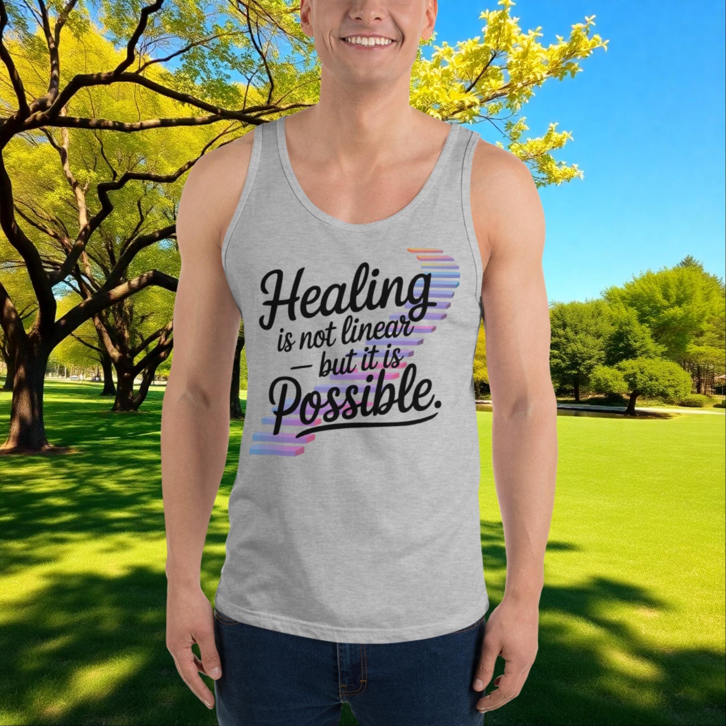 Healing Is Not Linear But It Is Possible quote unisex tank top for mental health recovery, empowerment, and survivor support