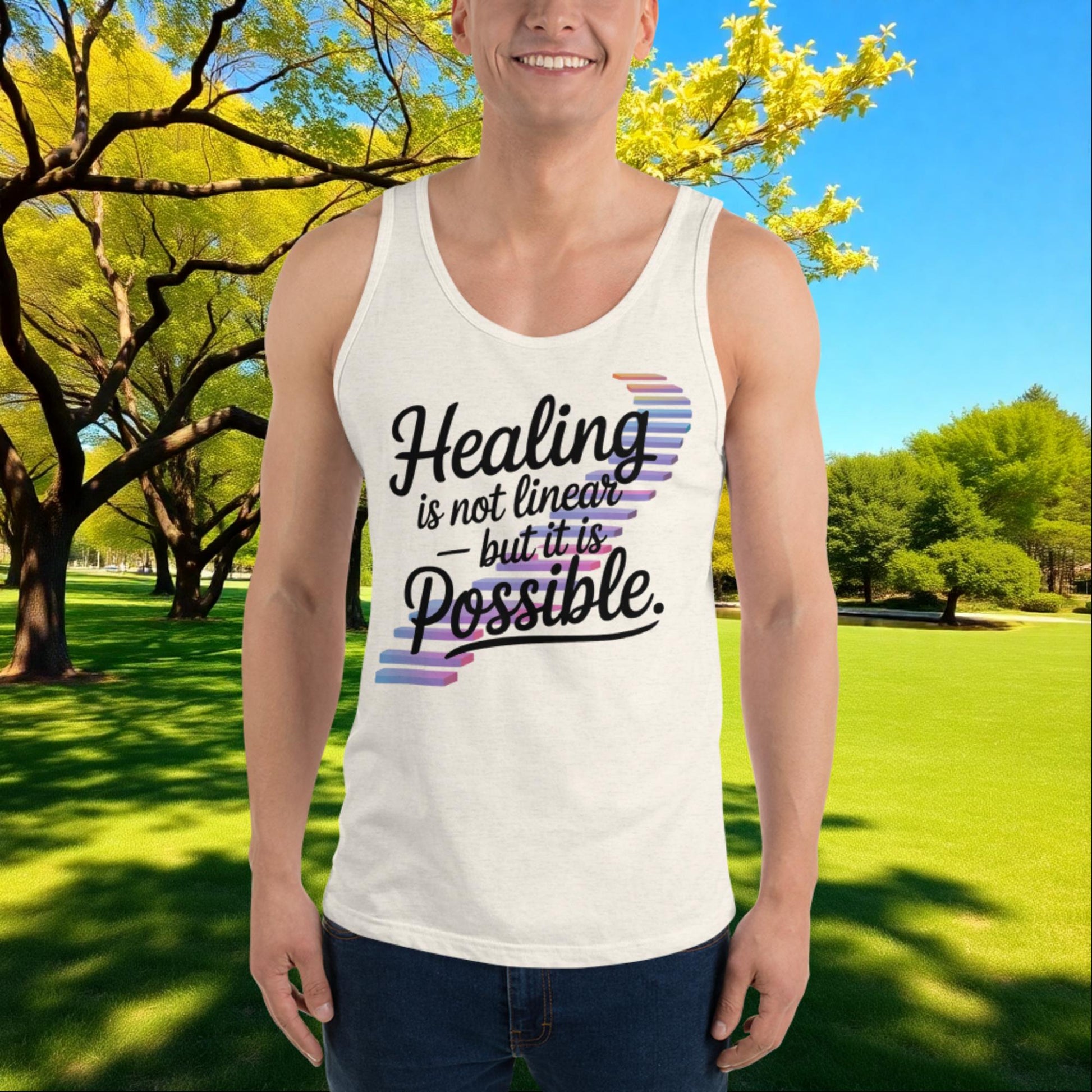 Healing Is Not Linear But It Is Possible quote unisex tank top for mental health recovery, empowerment, and survivor support