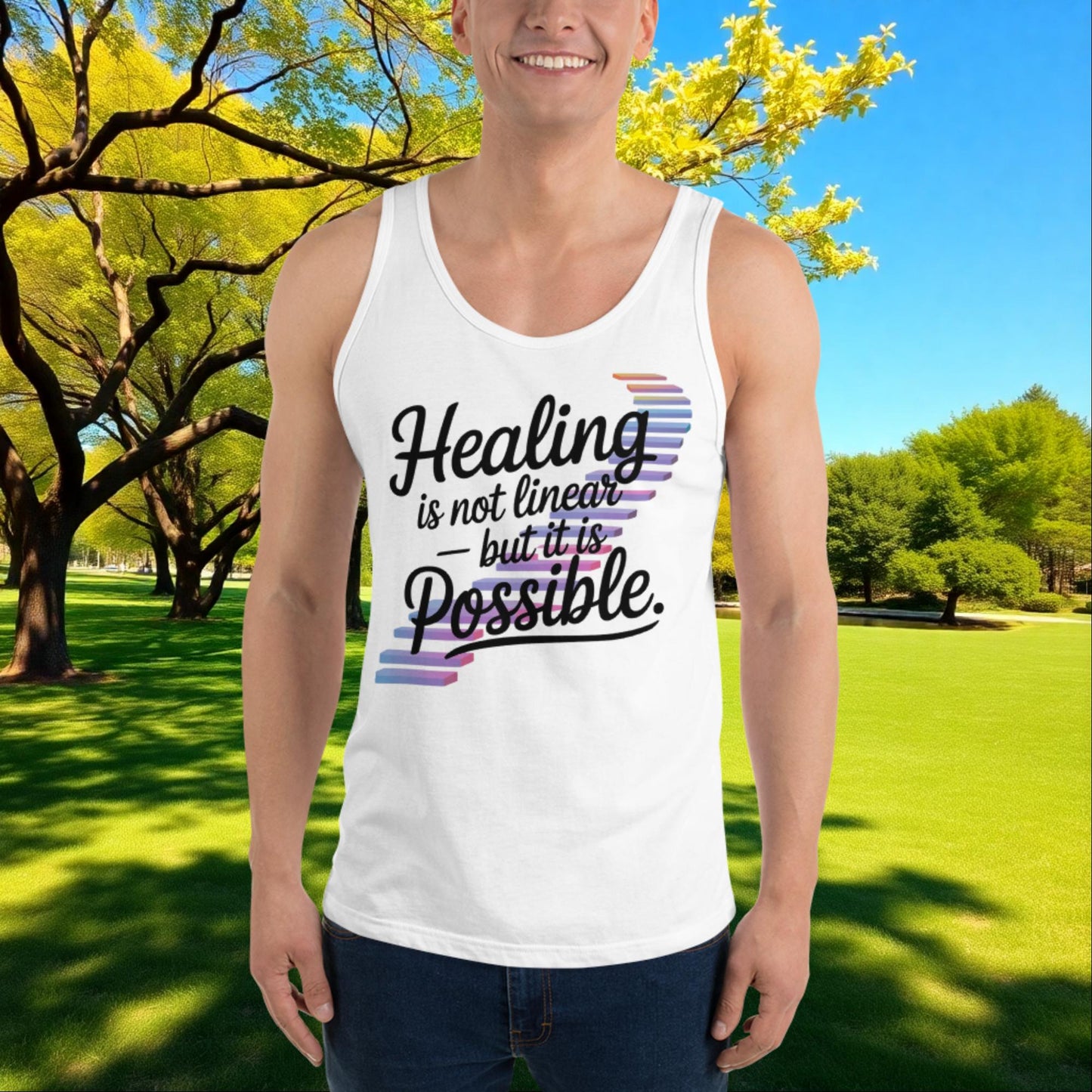 Healing Is Not Linear But It Is Possible quote unisex tank top for mental health recovery, empowerment, and survivor support