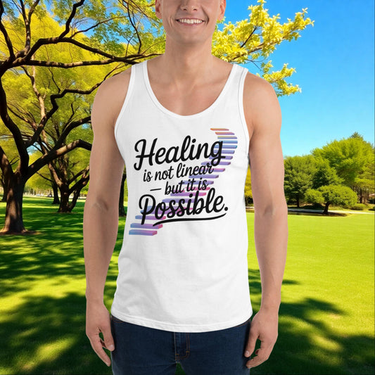 Healing Is Not Linear But It Is Possible quote unisex tank top for mental health recovery, empowerment, and survivor support