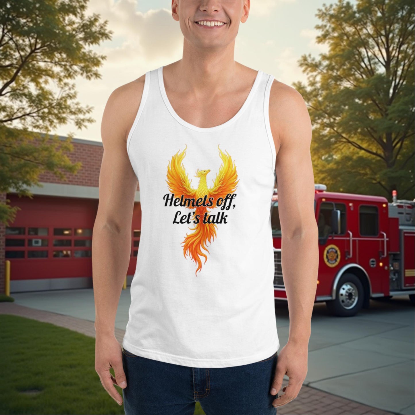 Helmets Off, Let's Talk - Custom Firefighter Mental Health Awareness Tank, PTSD Support Gift Shirt - MySisterIsASurvivor