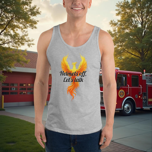 Helmets Off, Let's Talk - Custom Firefighter Mental Health Awareness Tank, PTSD Support Gift Shirt - MySisterIsASurvivor