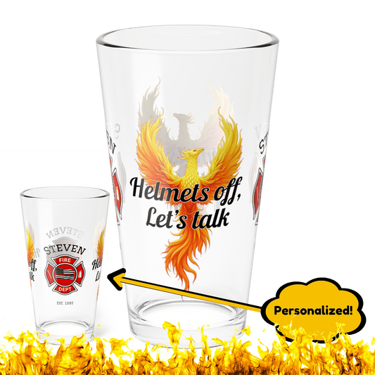 Helmets off, let’s talk – firefighter support pint glass promoting open conversation and mental health care. - MySisterIsASurvivor