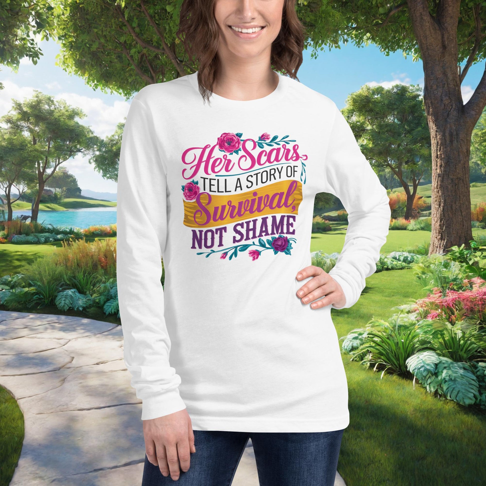 Her Scars Tell A Story Of Survival on Unisex Long Sleeve T-Shirt, survivor empowerment, domestic violence awareness shirt