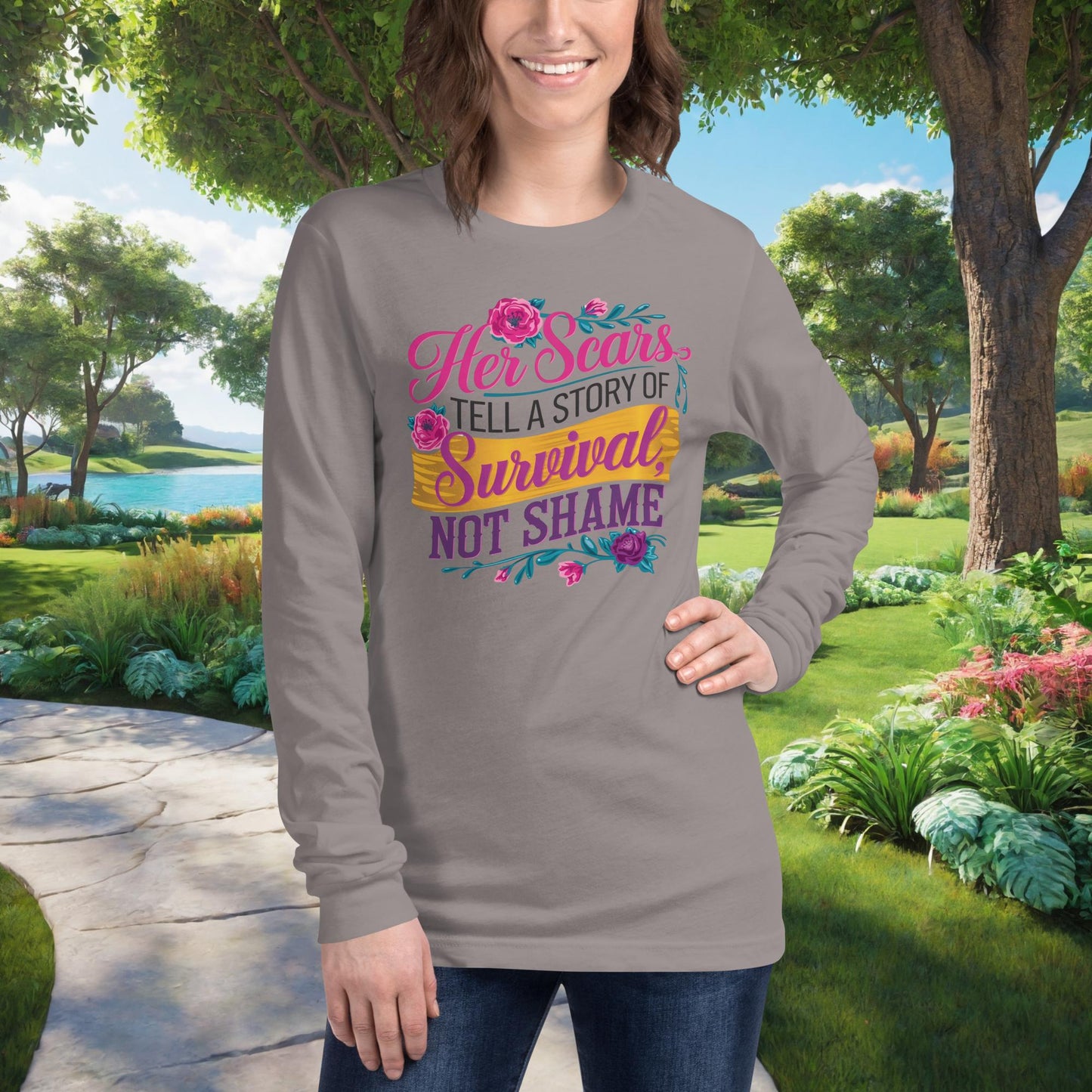 Her Scars Tell A Story Of Survival on Unisex Long Sleeve T-Shirt, survivor empowerment, domestic violence awareness shirt