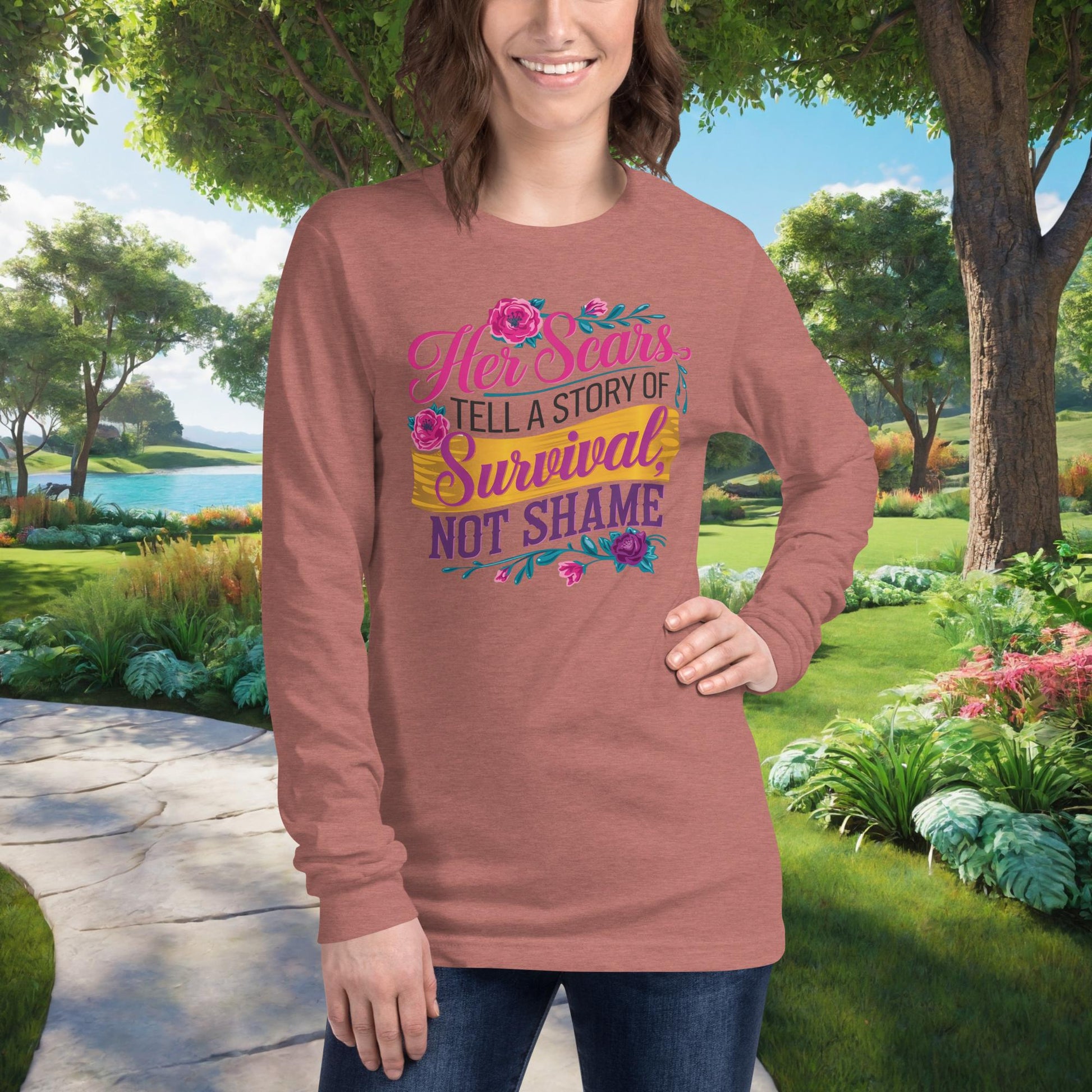 Her Scars Tell A Story Of Survival on Unisex Long Sleeve T-Shirt, survivor empowerment, domestic violence awareness shirt