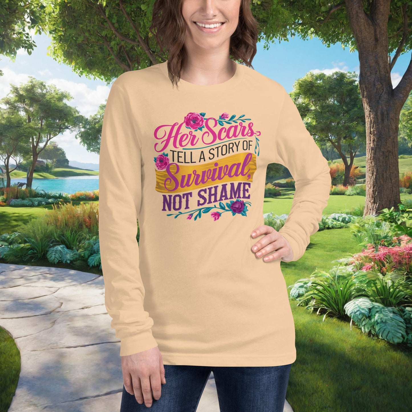 Her Scars Tell A Story Of Survival Unisex Long Sleeve T-Shirt, Personalized Empowerment Apparel for Domestic Violence Survivors - MySisterIsASurvivor