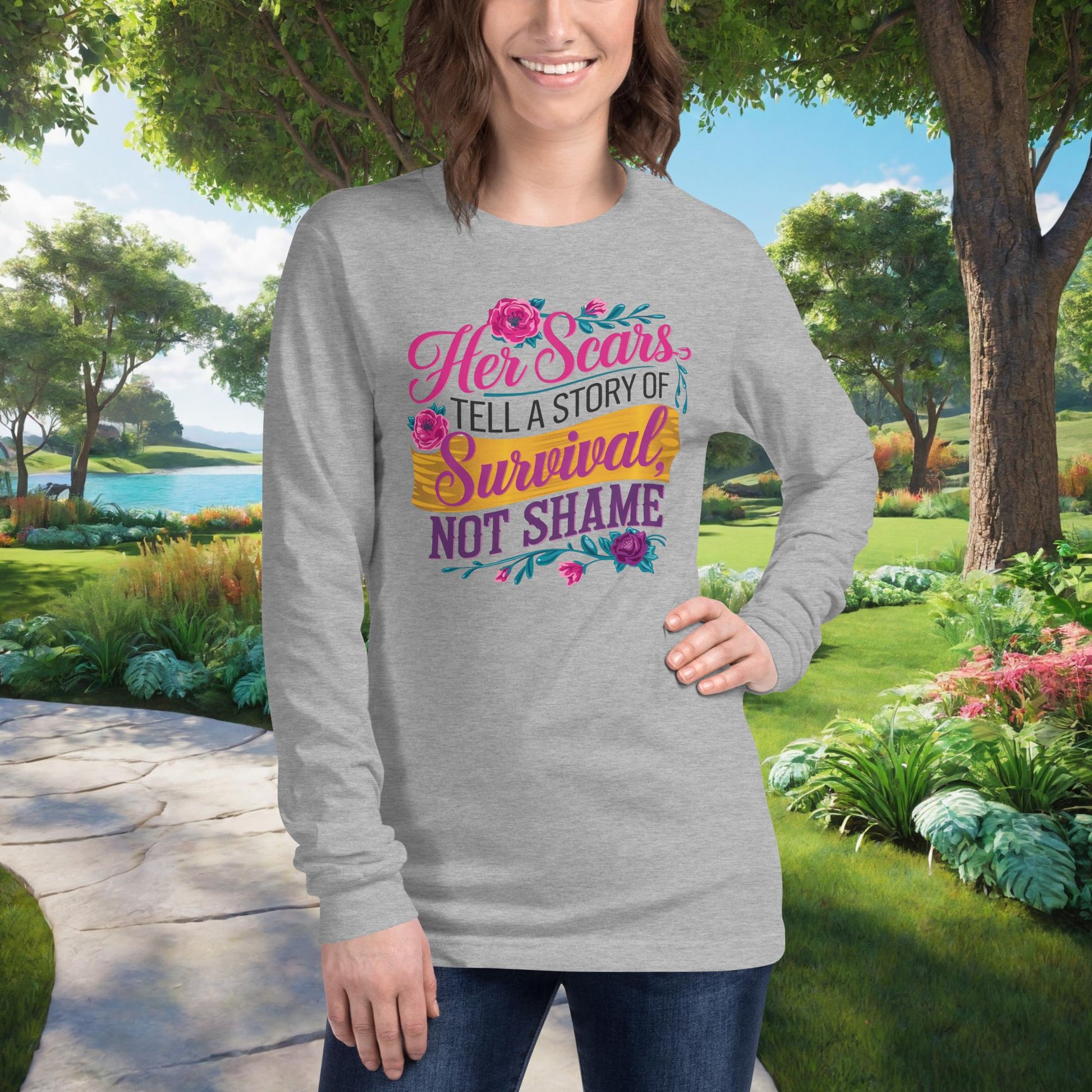 Her Scars Tell A Story Of Survival on Unisex Long Sleeve T-Shirt, survivor empowerment, domestic violence awareness shirt
