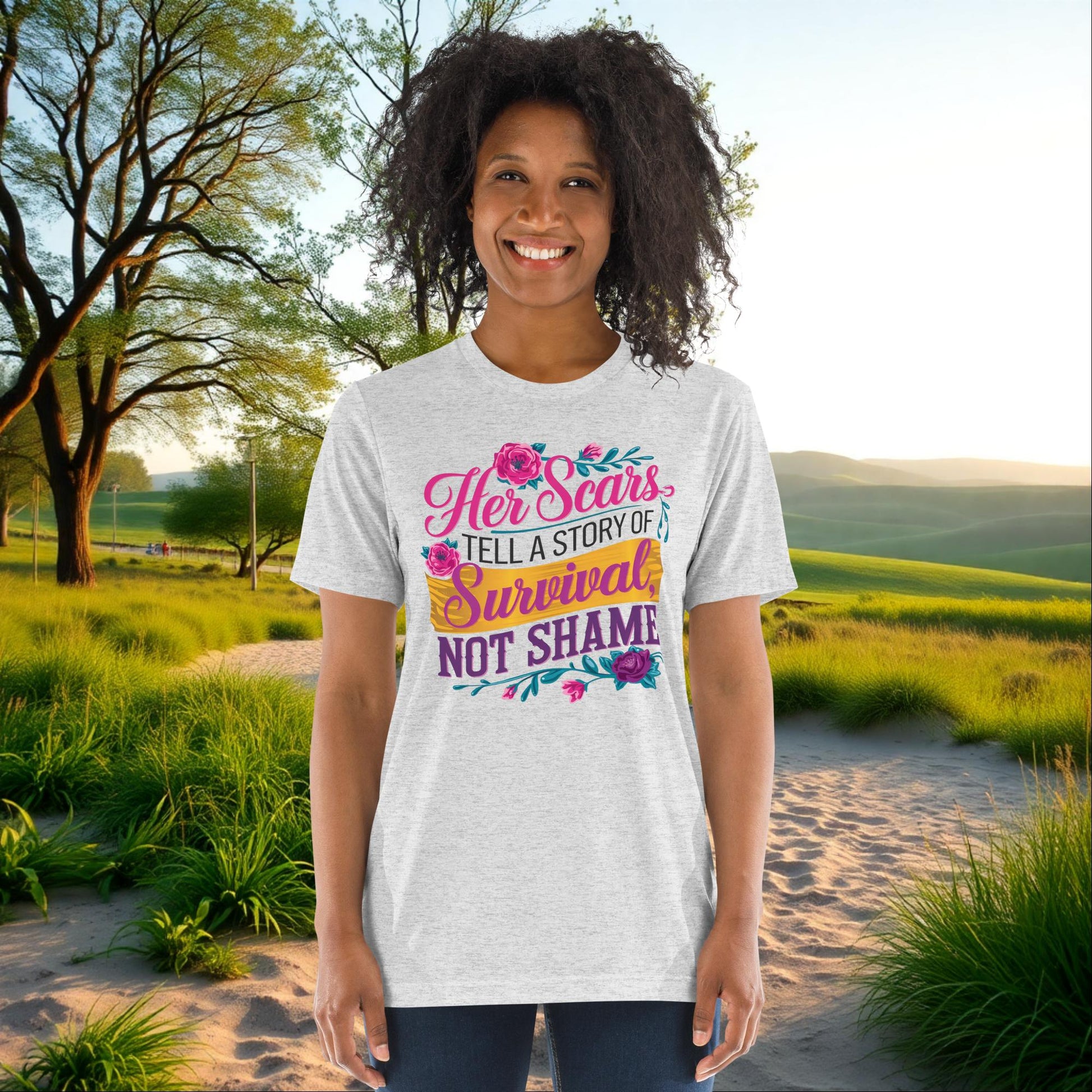 Her Scars Tell a Story of Survival on Unisex Tri-Blend T-Shirt, empowerment, survivor awareness, domestic abuse