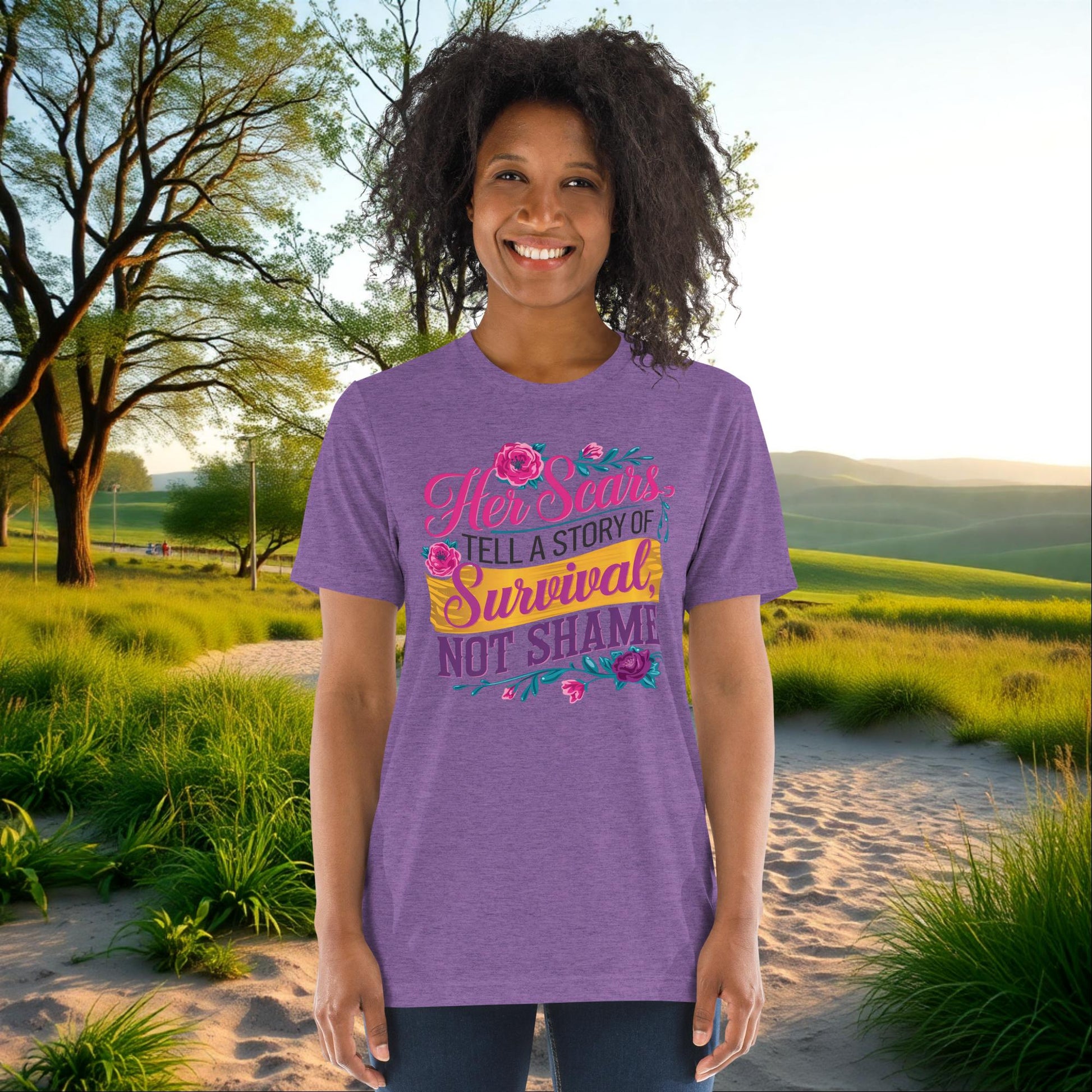 Her Scars Tell a Story of Survival on Unisex Tri-Blend T-Shirt, empowerment, survivor awareness, domestic abuse