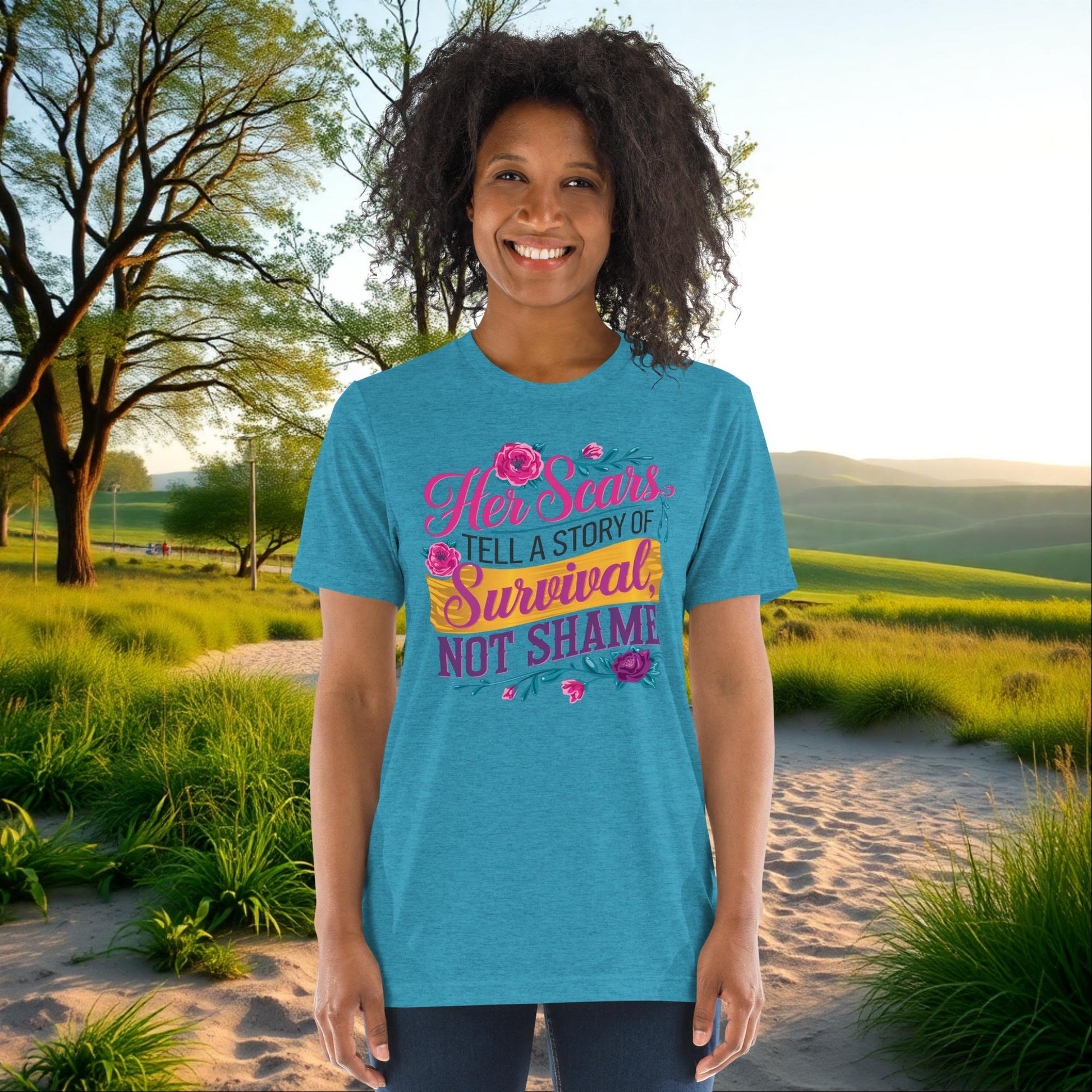 Her Scars Tell a Story of Survival on Unisex Tri-Blend T-Shirt, empowerment, survivor awareness, domestic abuse