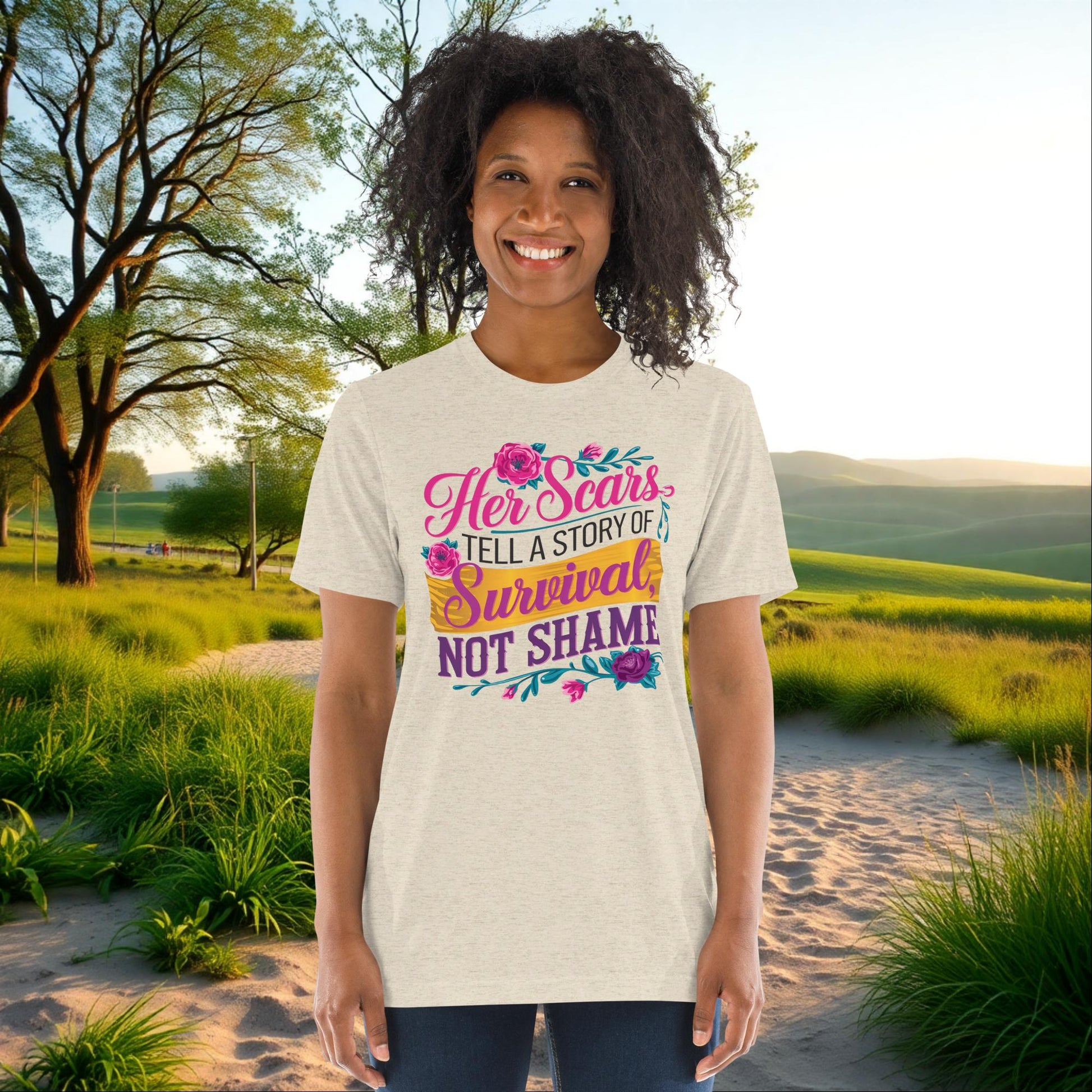 Her Scars Tell a Story of Survival on Unisex Tri-Blend T-Shirt, empowerment, survivor awareness, domestic abuse