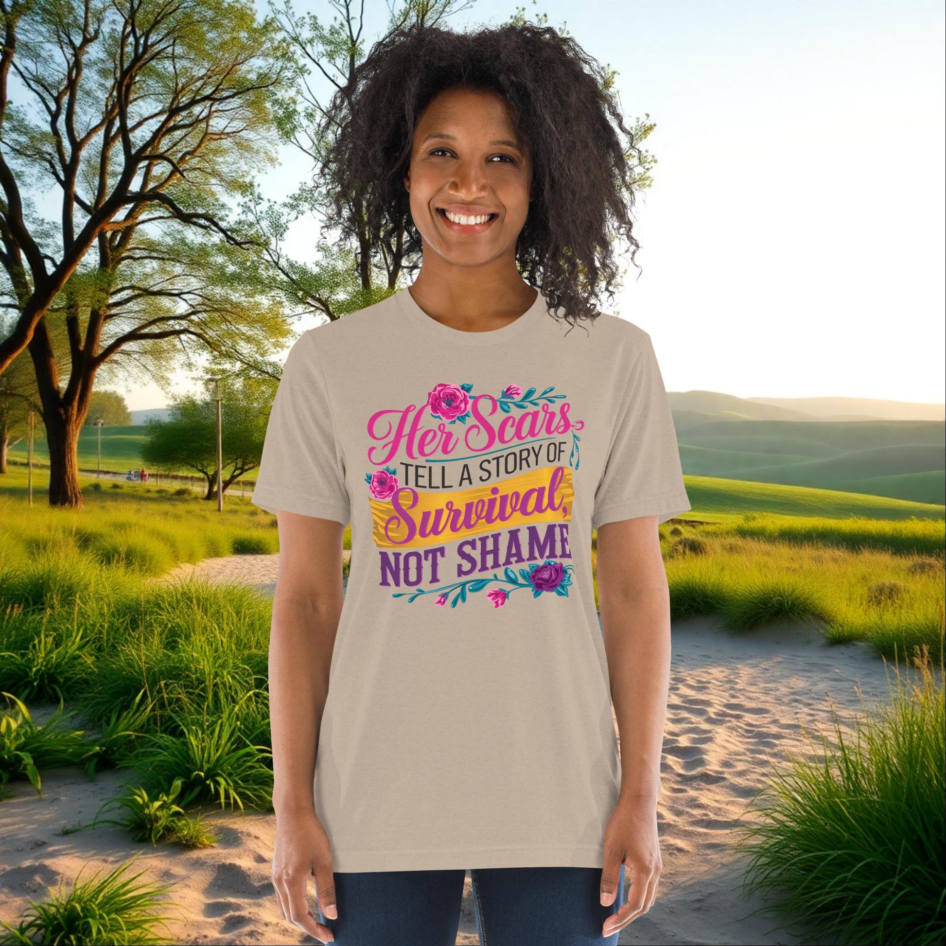 Her Scars Tell a Story of Survival on Unisex Tri-Blend T-Shirt, empowerment, survivor awareness, domestic abuse