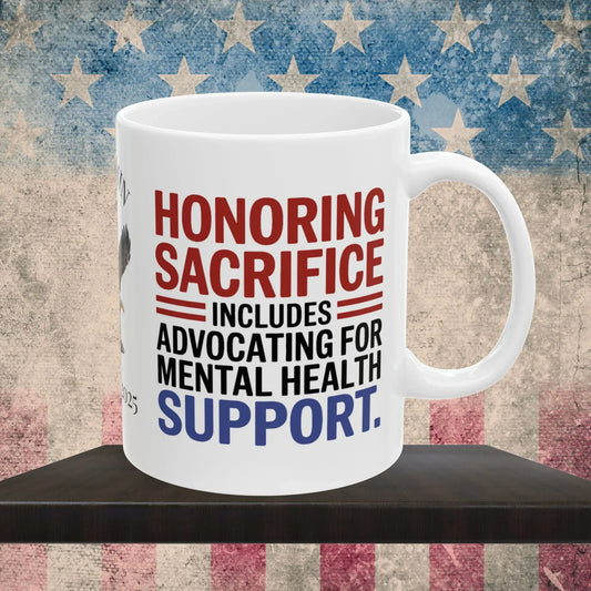 Shop our memorial day ptsd mug honoring sacrifice featuring the 15oz style option from MySisterIsASurvivor.