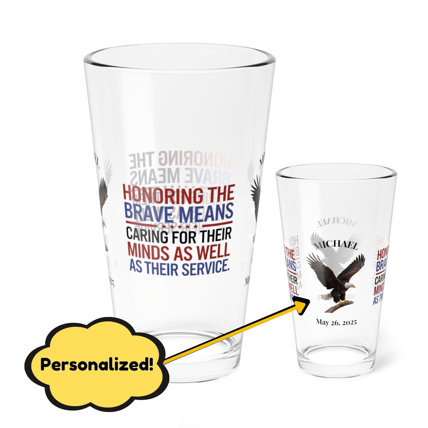 Honoring The Brave pint glass - engraved military gift for veterans, Memorial Day, and PTSD awareness