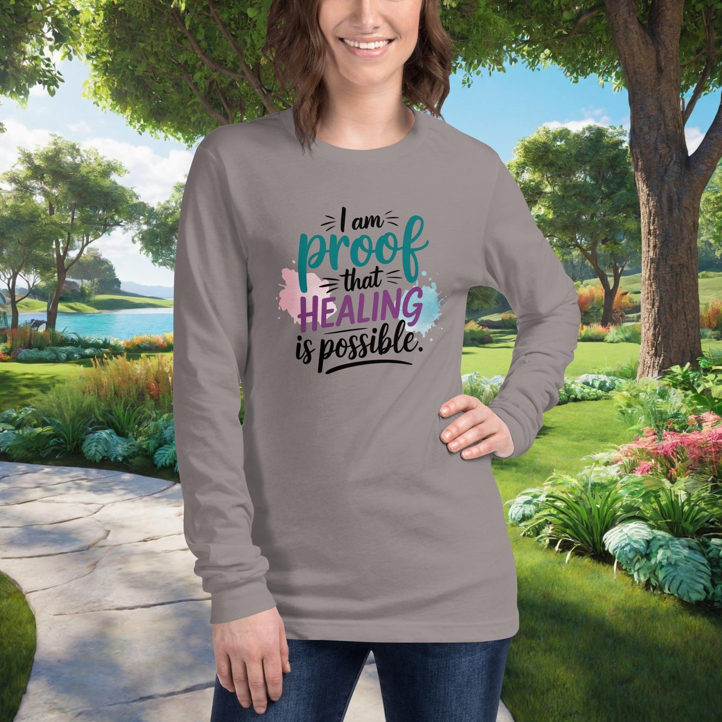 I Am Proof That Healing Is Possible on Unisex Long Sleeve T-Shirt, survivor strength, mental health recovery, empowerment tee