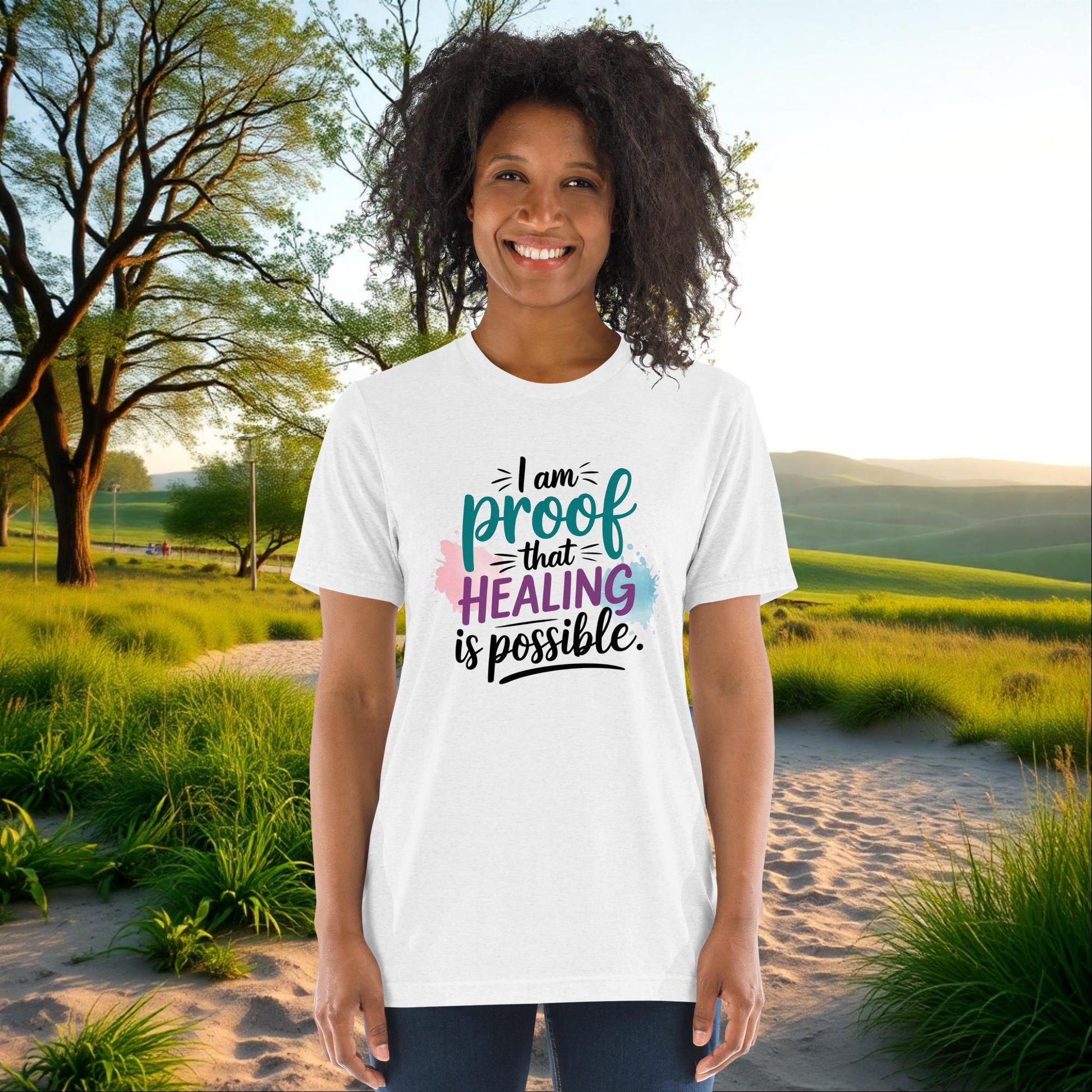 I Am Proof That Healing Is Possible on Unisex Tri-Blend T-Shirt, survivor strength, empowerment, support gift