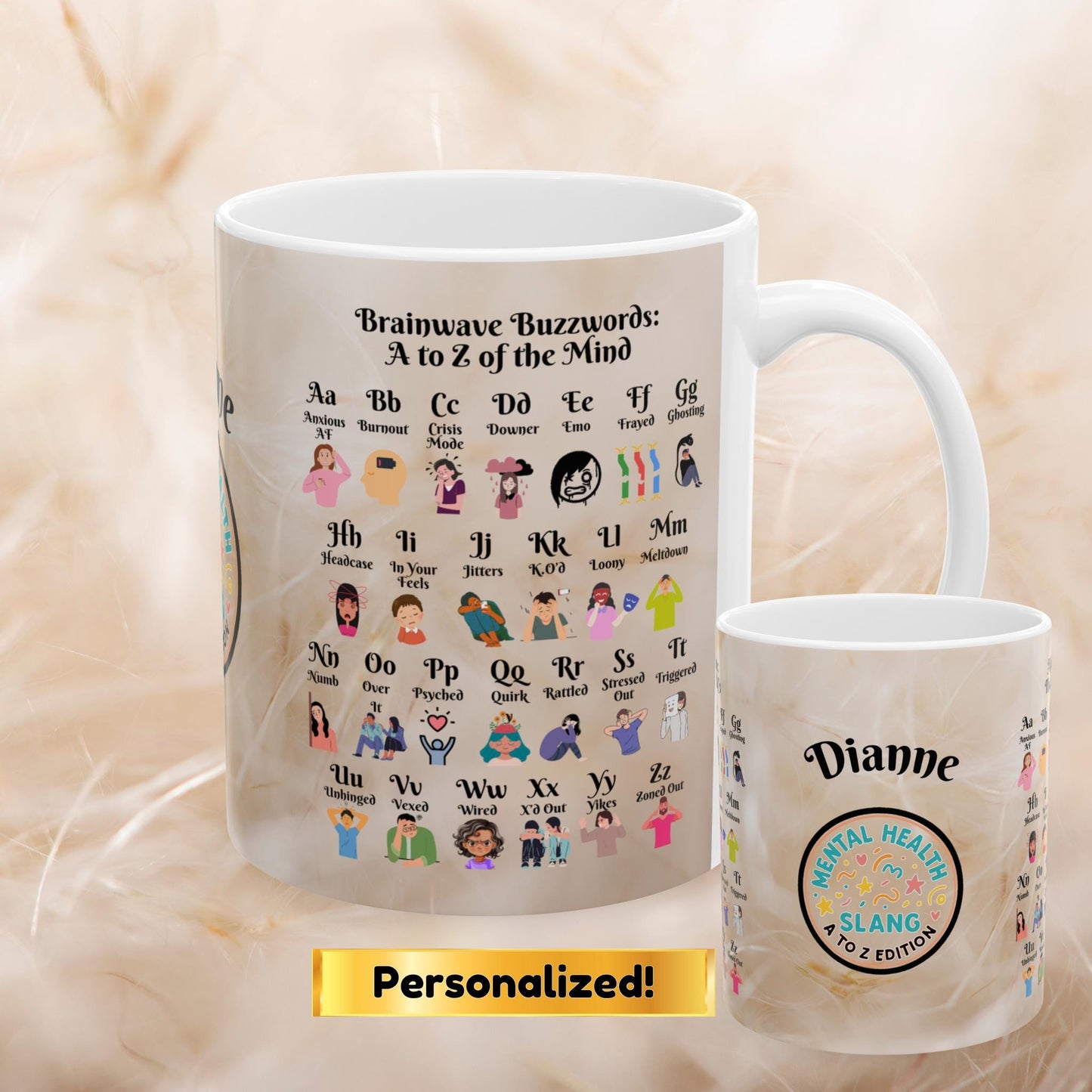 Personalized Brainwave Buzzwords Mug showing A to Z emotional wellness slang, ideal for therapy support and self-love routines.