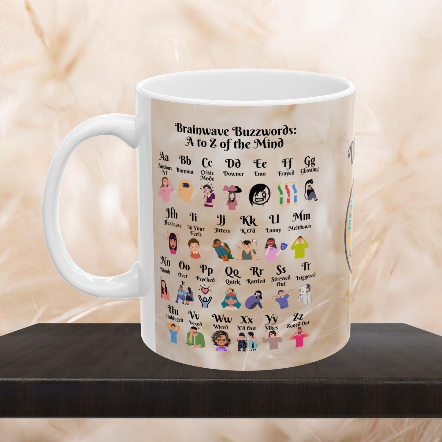 Personalized Brainwave Buzzwords Mug showing A to Z emotional wellness slang, ideal for therapy support and self-love routines.
