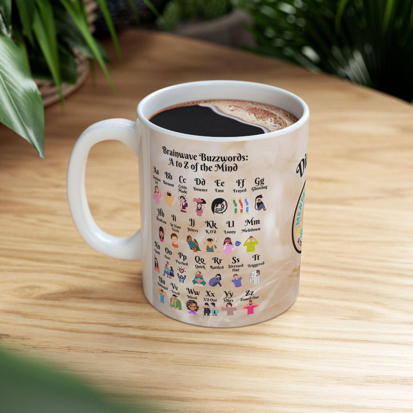 Personalized Brainwave Buzzwords Mug showing A to Z emotional wellness slang, ideal for therapy support and self-love routines.