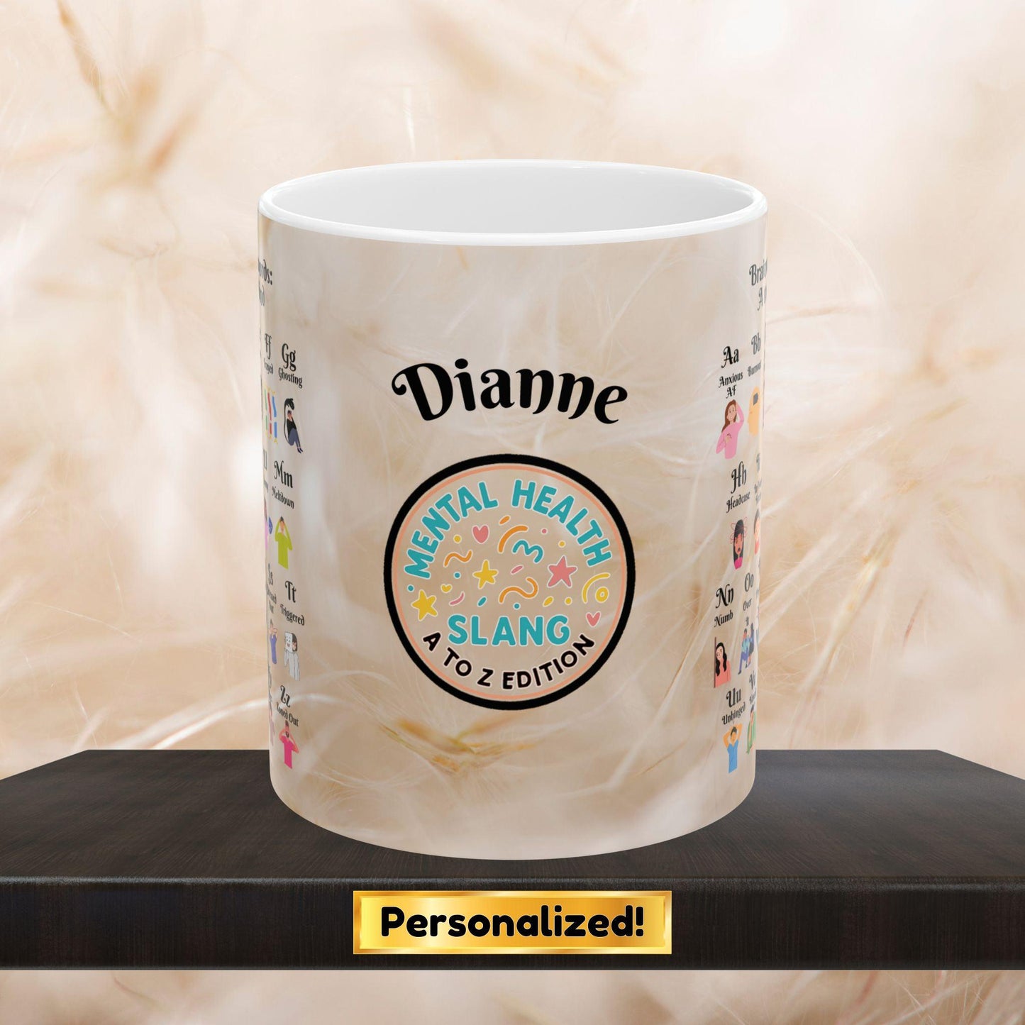Personalized Brainwave Buzzwords Mug showing A to Z emotional wellness slang, ideal for therapy support and self-love routines.