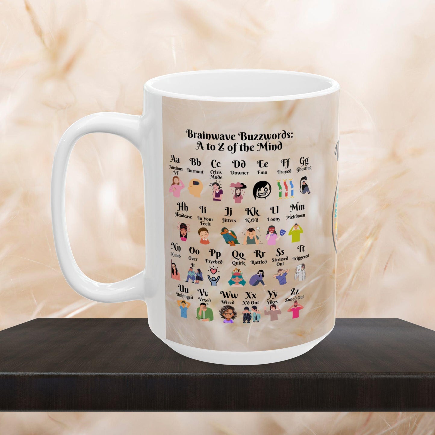 Personalized Brainwave Buzzwords Mug showing A to Z emotional wellness slang, ideal for therapy support and self-love routines.