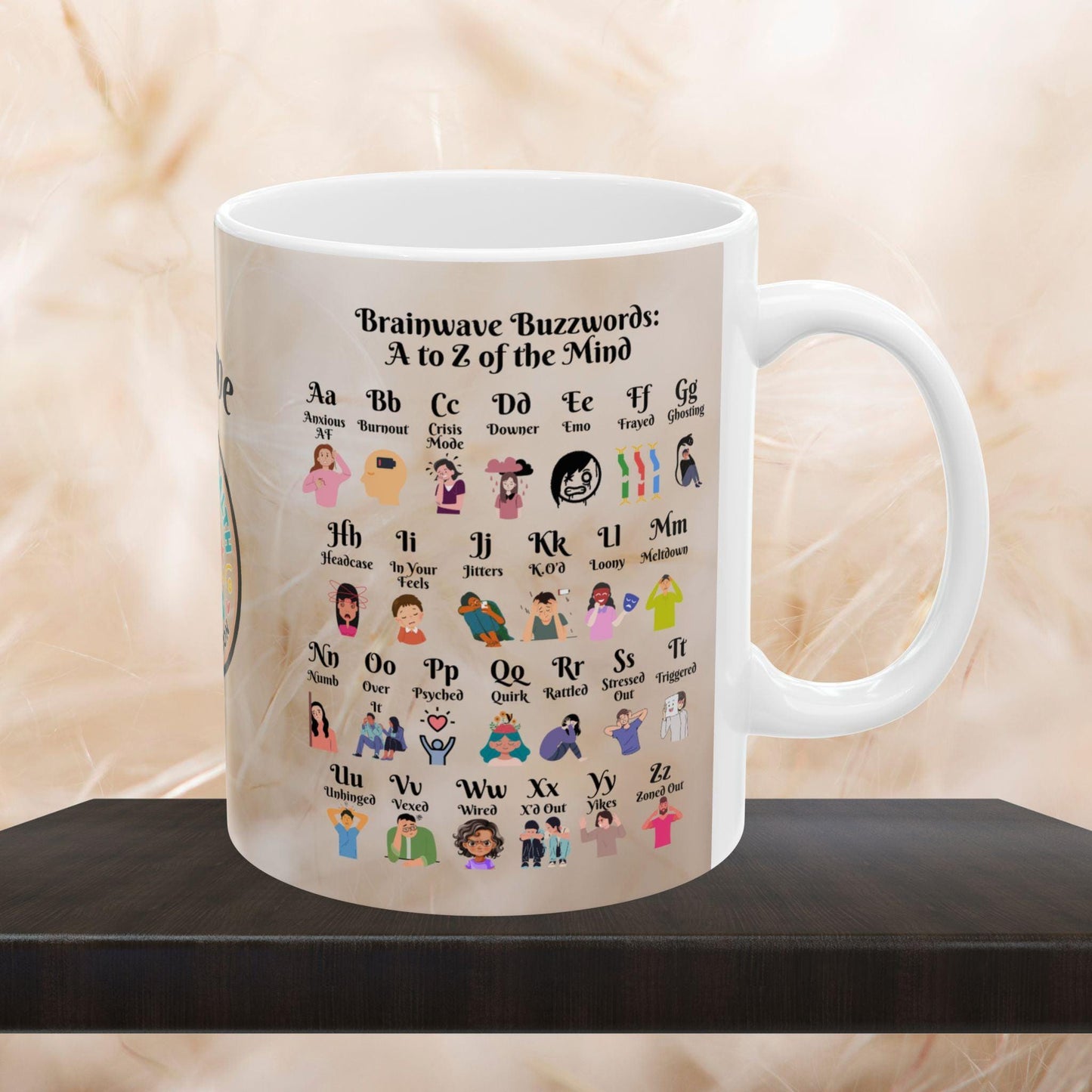 Personalized Brainwave Buzzwords Mug showing A to Z emotional wellness slang, ideal for therapy support and self-love routines.