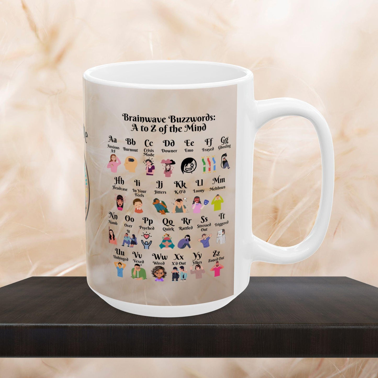 Personalized Brainwave Buzzwords Mug showing A to Z emotional wellness slang, ideal for therapy support and self-love routines.