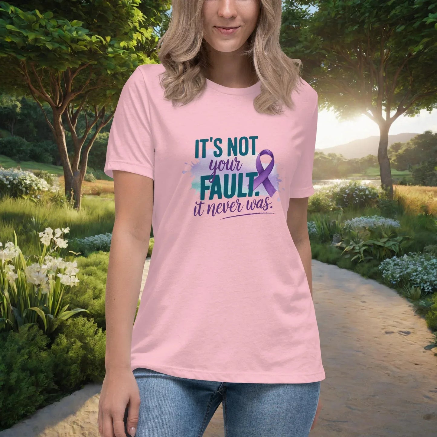 Shop our its not your fault womens relaxed t shirt featuring the Heather Mauve style option from MySisterIsASurvivor.