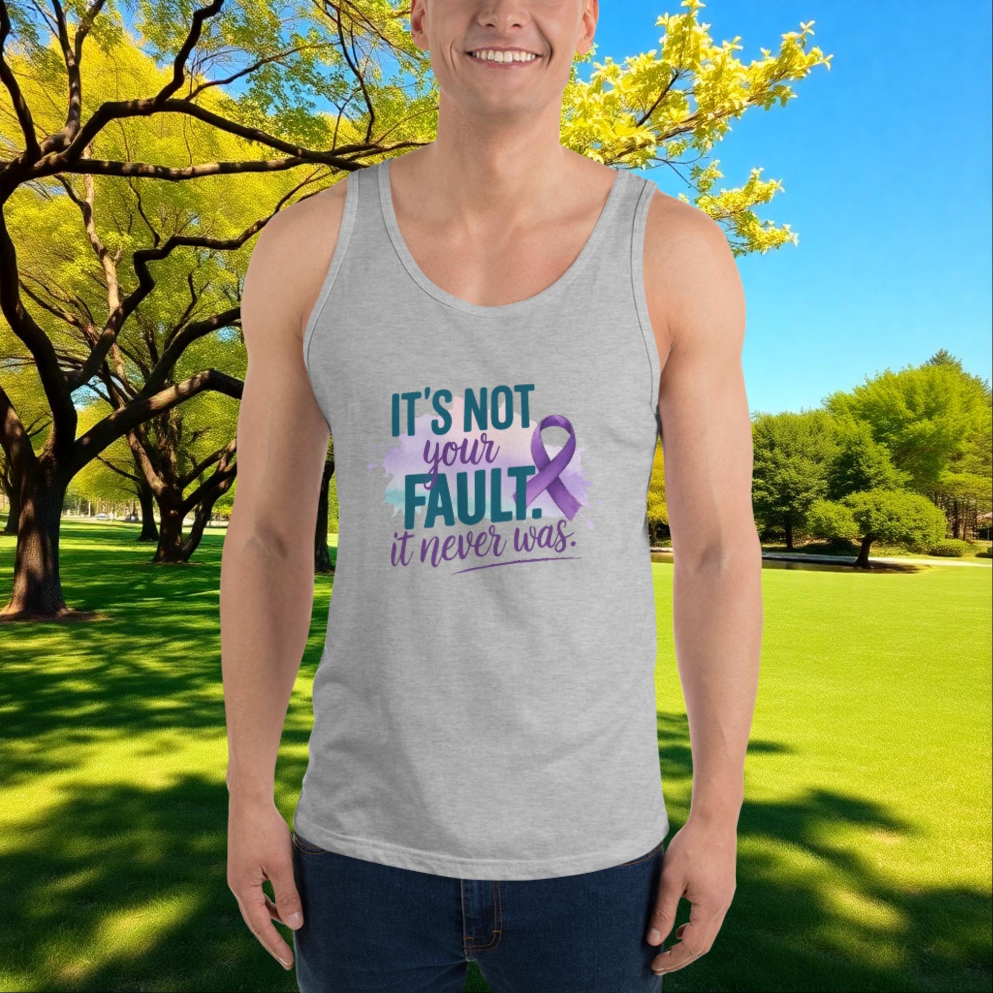It's Not Your Fault quote unisex tank top for survivors of abuse, domestic violence awareness, and emotional support