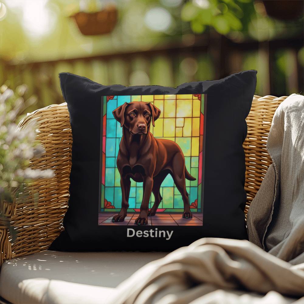 Chocolate Labrador Retriever Pillow, custom stained glass art for indoor/outdoor décor