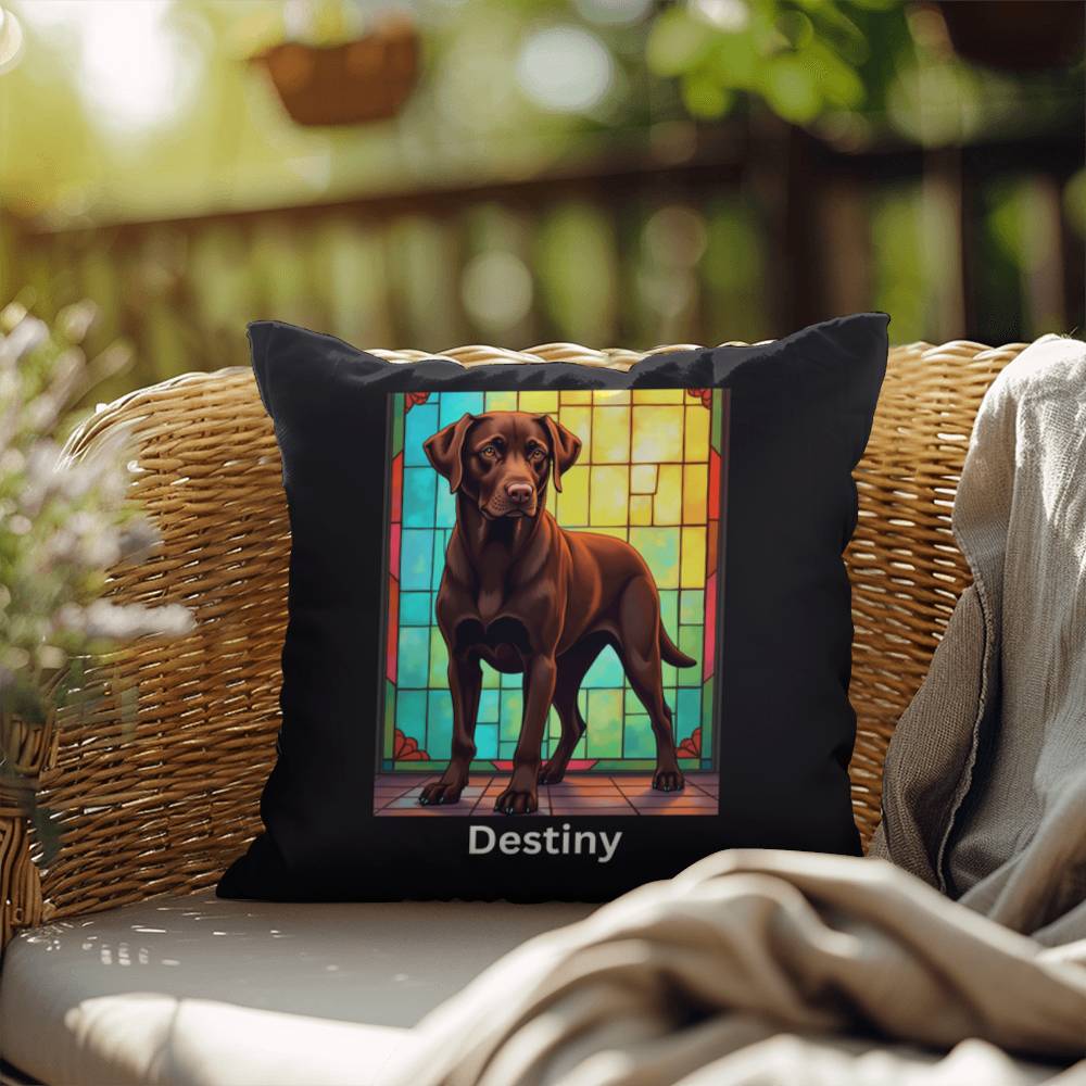 Chocolate Labrador Retriever Pillow, custom stained glass art for indoor/outdoor décor