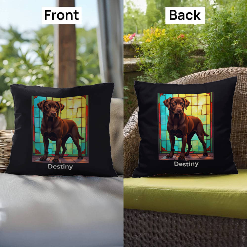 Chocolate Labrador Retriever Pillow, custom stained glass art for indoor/outdoor décor