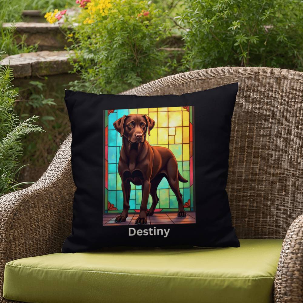 Chocolate Labrador Retriever Pillow, custom stained glass art for indoor/outdoor décor