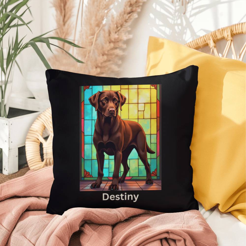 Chocolate Labrador Retriever Pillow, custom stained glass art for indoor/outdoor décor