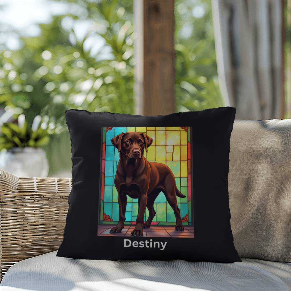 Chocolate Labrador Retriever Pillow, custom stained glass art for indoor/outdoor décor
