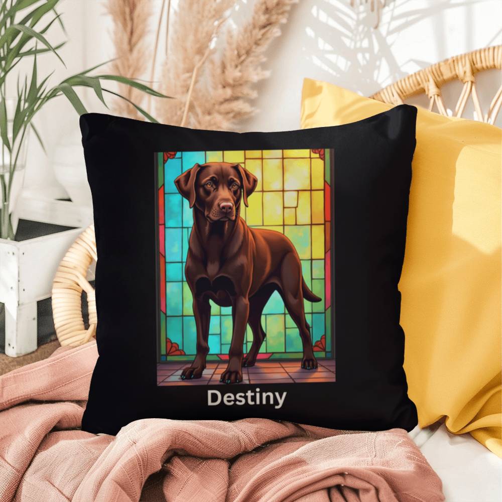 Chocolate Labrador Retriever Pillow, custom stained glass art for indoor/outdoor décor