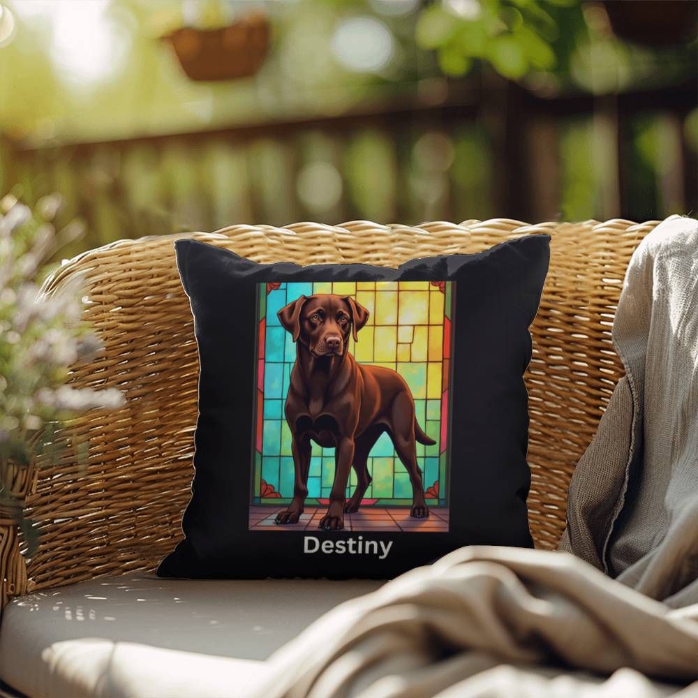 Chocolate Labrador Retriever Pillow, custom stained glass art for indoor/outdoor décor