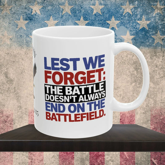 Shop our memorial day ptsd mug lest we forget featuring the 15oz style option from MySisterIsASurvivor.