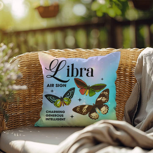 Shop our libra butterfly indoor outdoor pillow featuring the 18" x 18" style option from MySisterIsASurvivor.