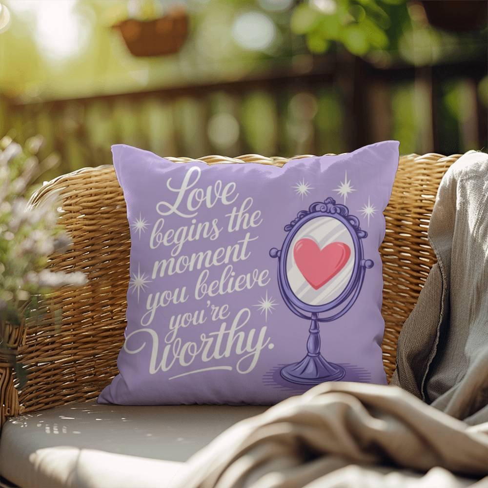 Shop our premium love begins the moment you believe self care pillow from MySisterIsASurvivor.