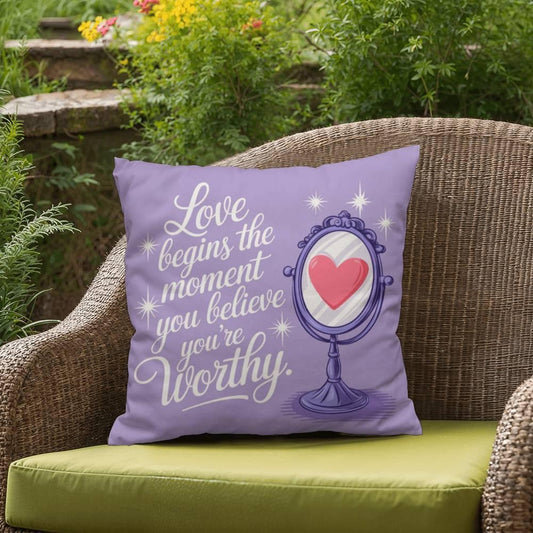 Shop our love begins the moment you believe self care pillow featuring the 18" x 18" style option from MySisterIsASurvivor.