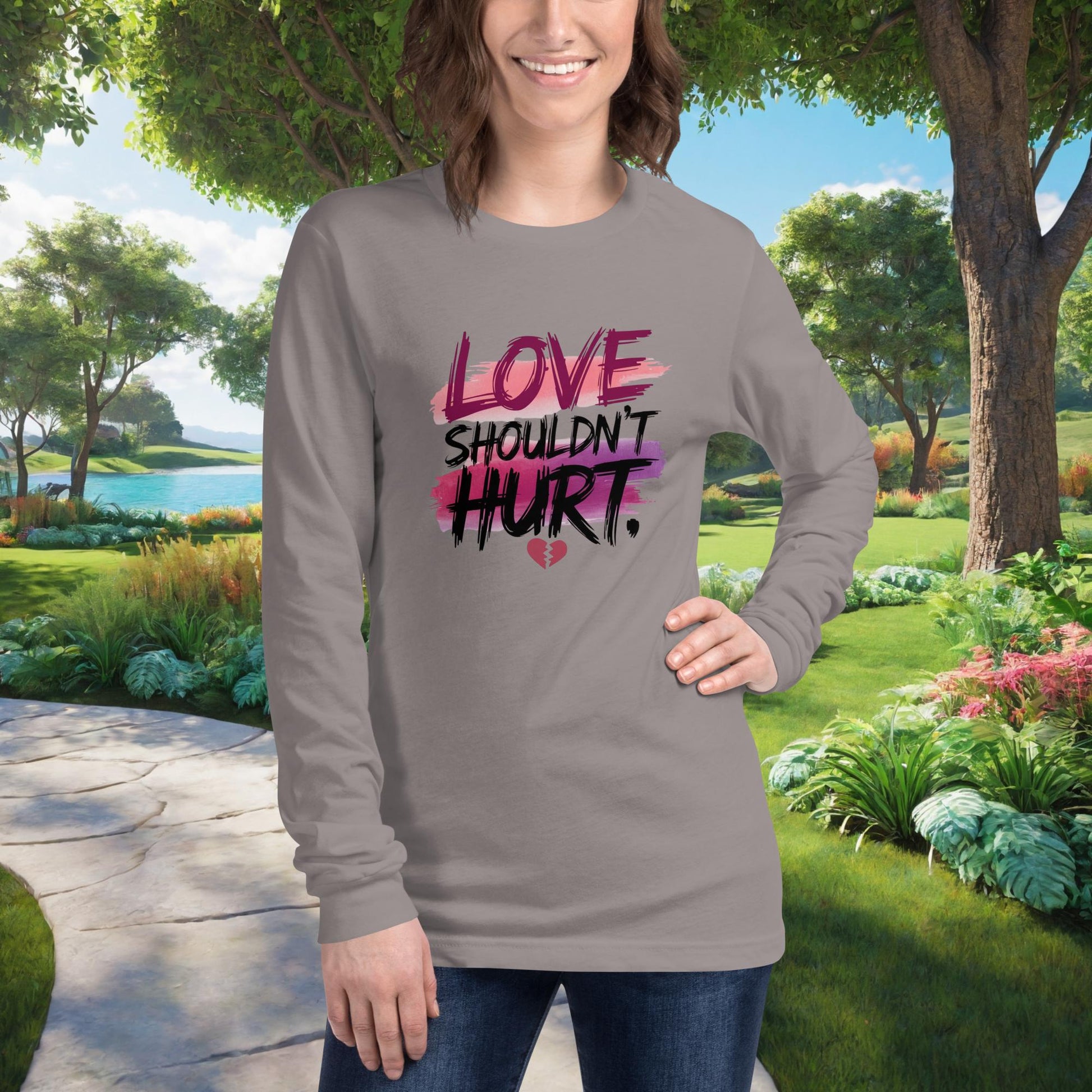 Love Shouldn't Hurt on Unisex Long Sleeve T-Shirt, domestic violence awareness, survivor support, empowerment tee