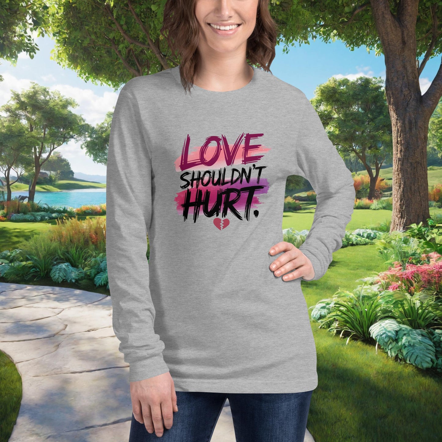Love Shouldn't Hurt on Unisex Long Sleeve T-Shirt, domestic violence awareness, survivor support, empowerment tee