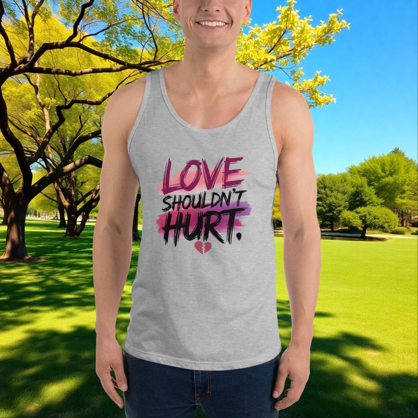 Love Shouldn't Hurt quote unisex tank top, domestic violence awareness apparel and support gift for survivors