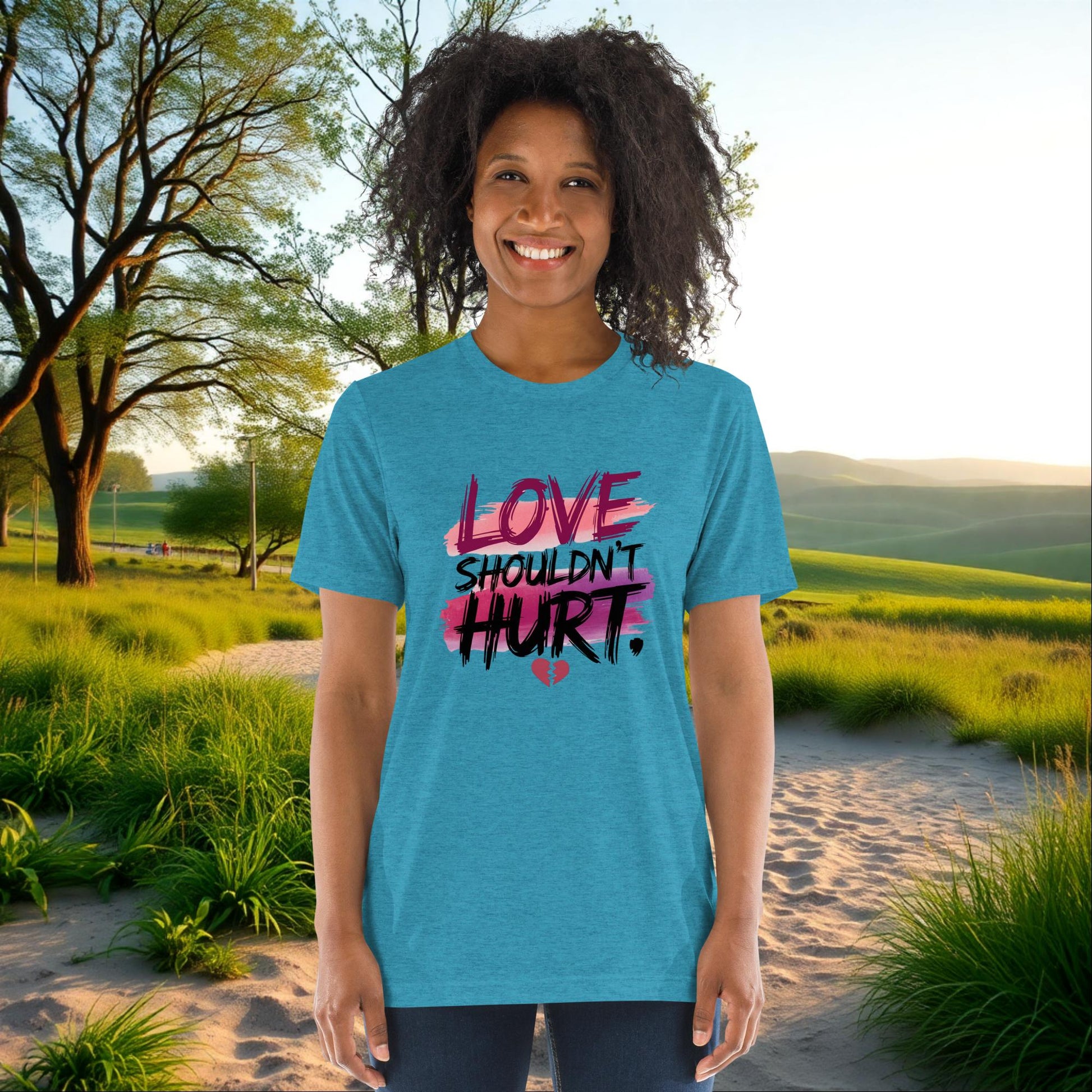 Love Shouldn’t Hurt on Unisex Tri-Blend T-Shirt, domestic violence awareness, survivor support, empowerment tee
