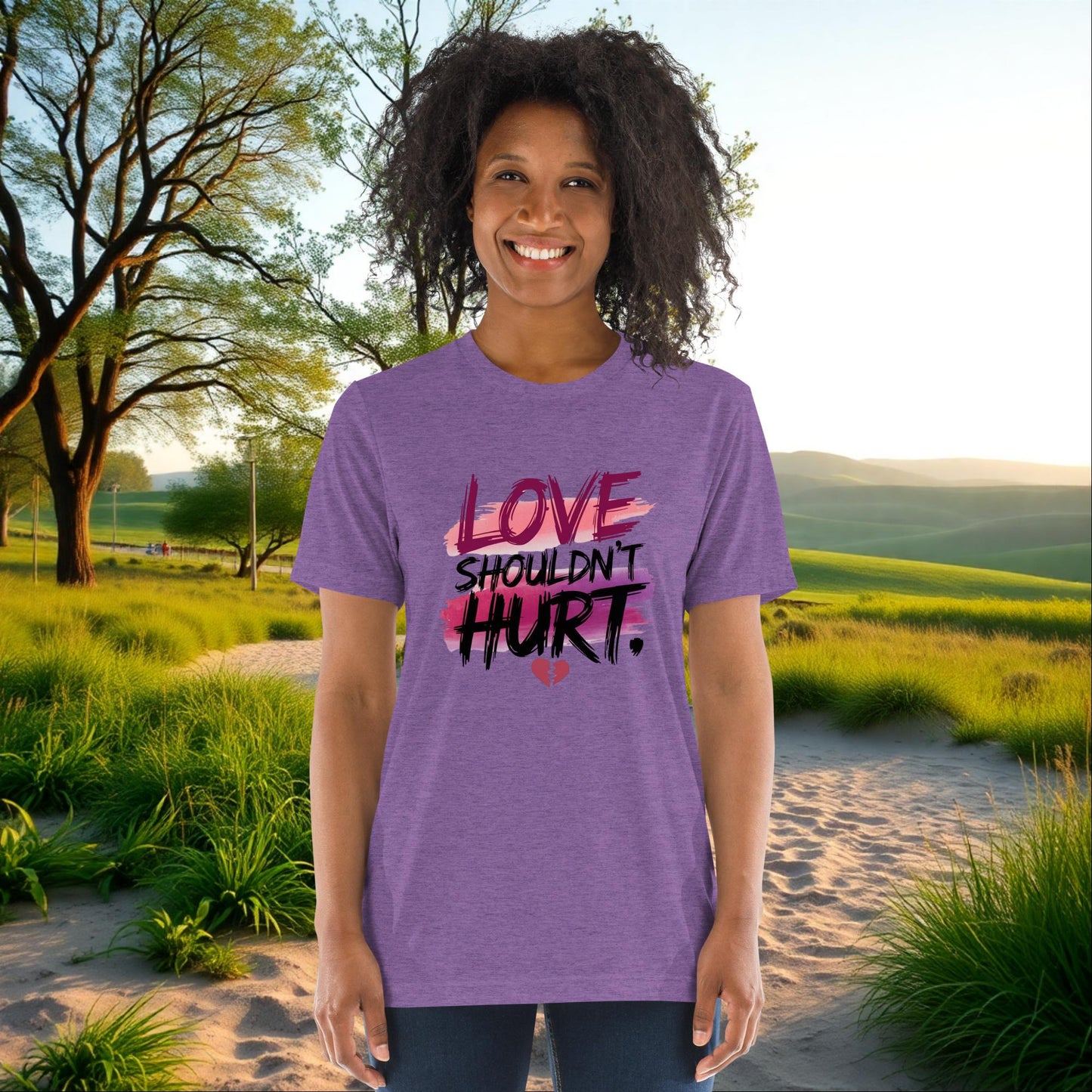 Love Shouldn’t Hurt on Unisex Tri-Blend T-Shirt, domestic violence awareness, survivor support, empowerment tee