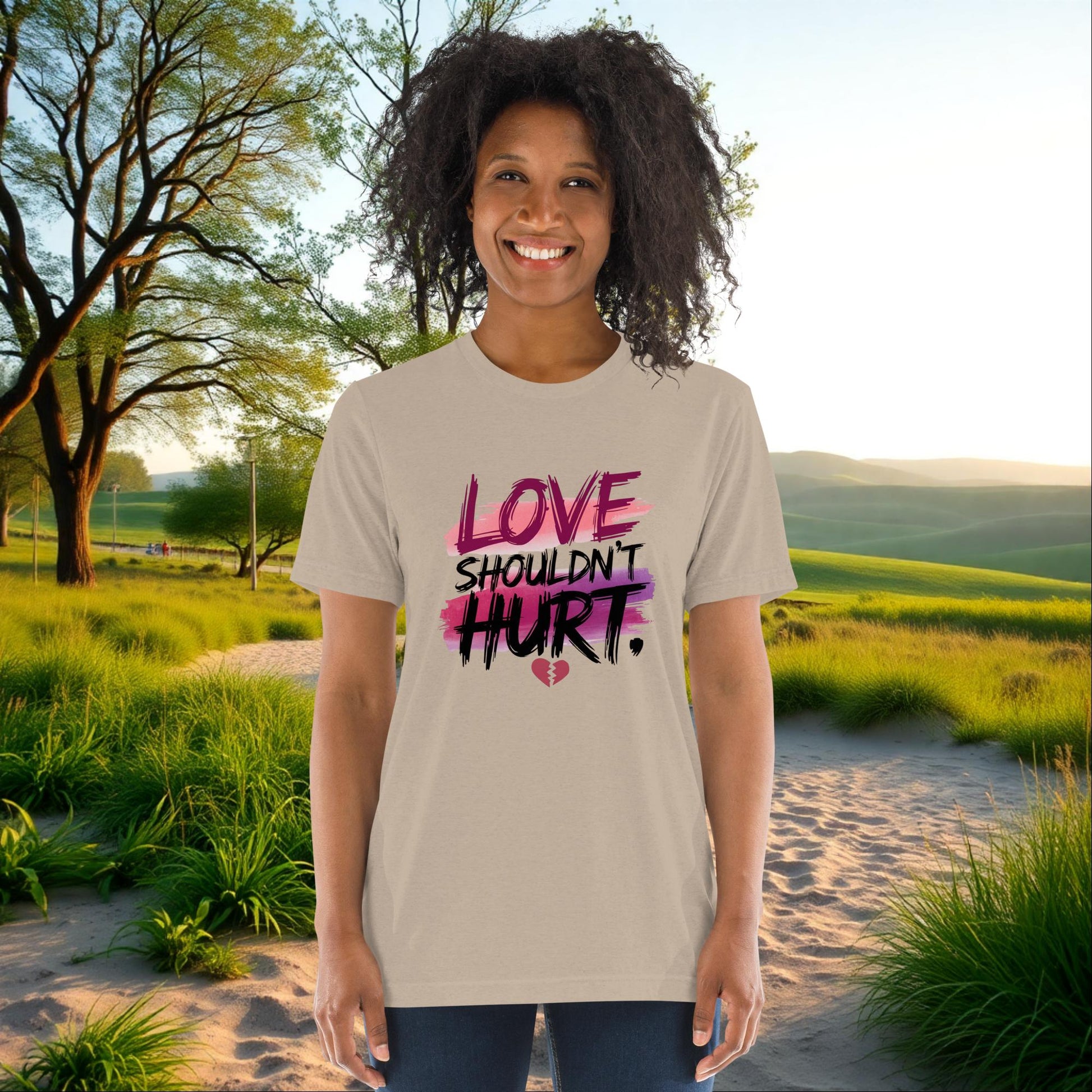 Love Shouldn’t Hurt on Unisex Tri-Blend T-Shirt, domestic violence awareness, survivor support, empowerment tee