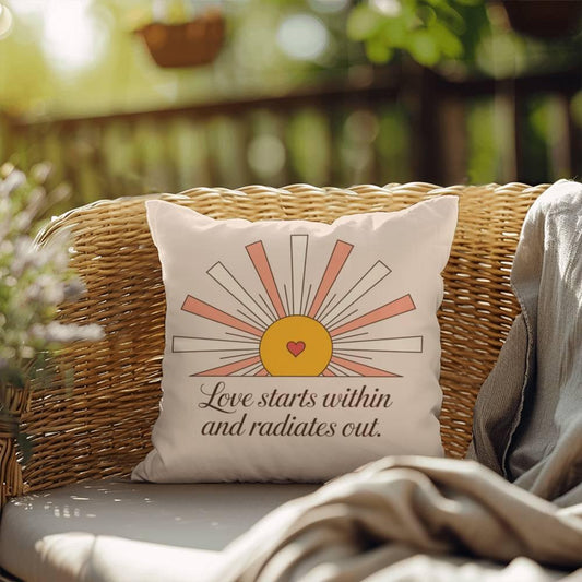 Shop our love starts within and radiates out self care pillow featuring the 18" x 18" style option from MySisterIsASurvivor.