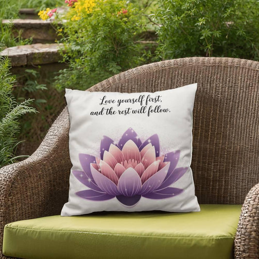 Shop our love yourself first self care pillow featuring the 18" x 18" style option from MySisterIsASurvivor.